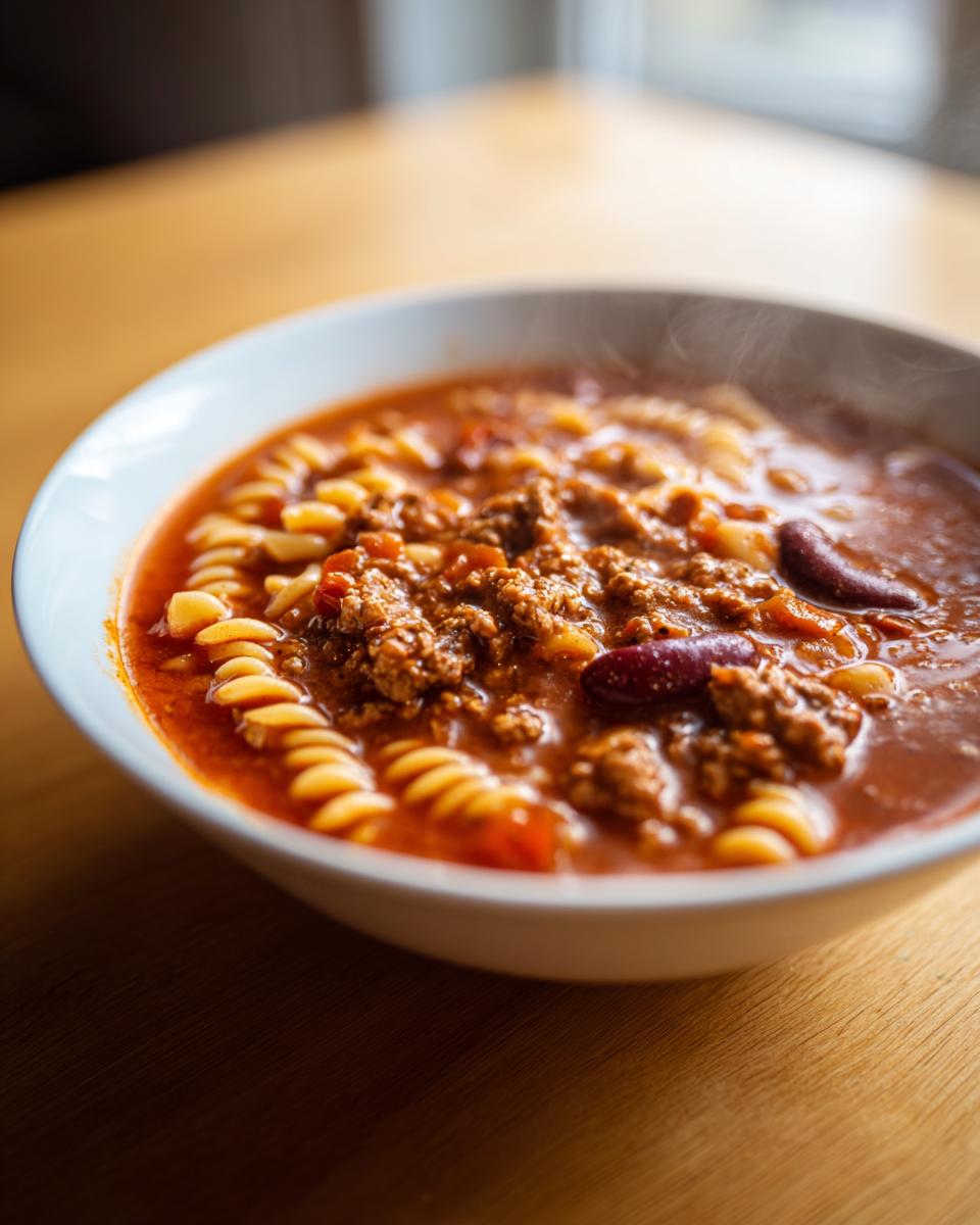 Close-up of a steaming white bowl filled with rich, tomato-based pasta fagioli soup featuring ground meat, rotini pasta, and kidney beans.