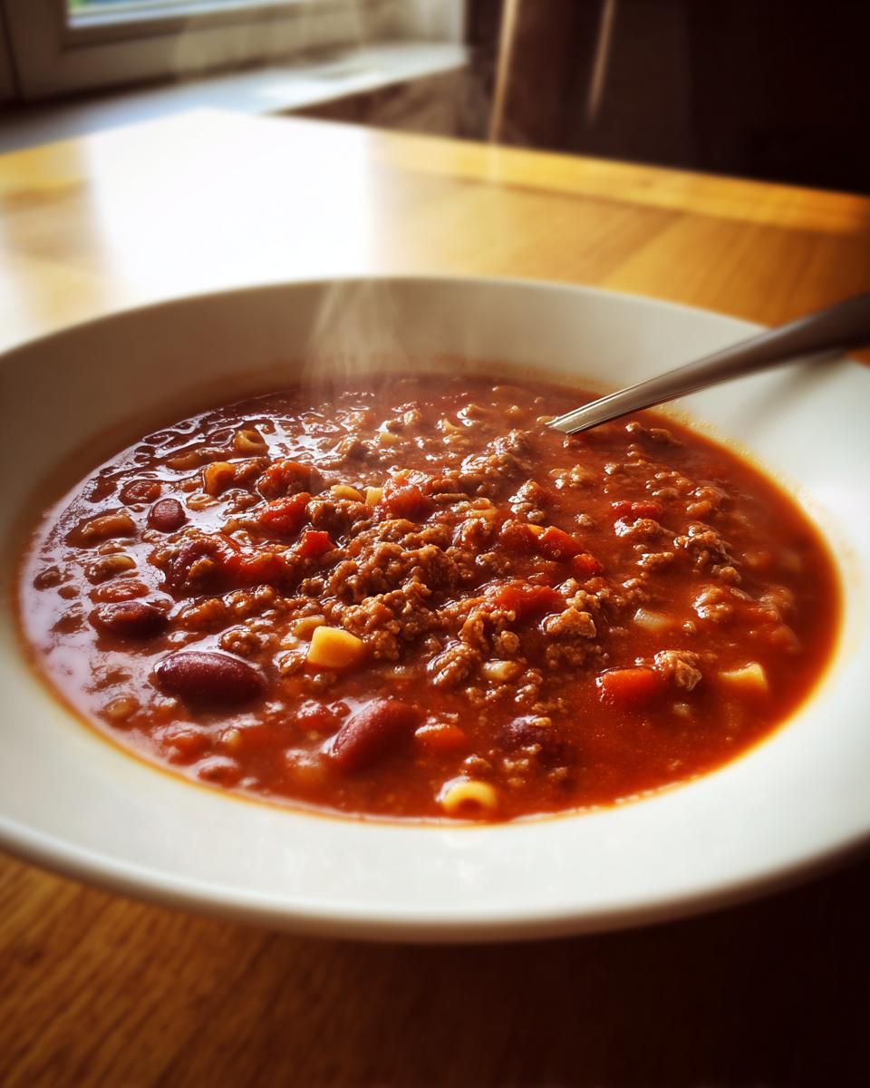 Close-up of a steaming white bowl filled with rich, tomato-based pasta fagioli soup containing ground meat, beans, and small pasta shapes.