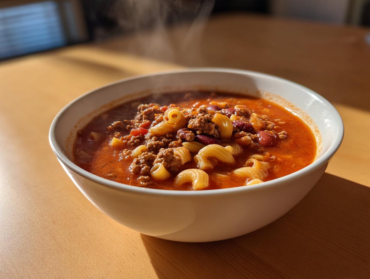 A steaming white bowl filled with rich, tomato-based pasta fagioli soup featuring ground meat, beans, and elbow macaroni.