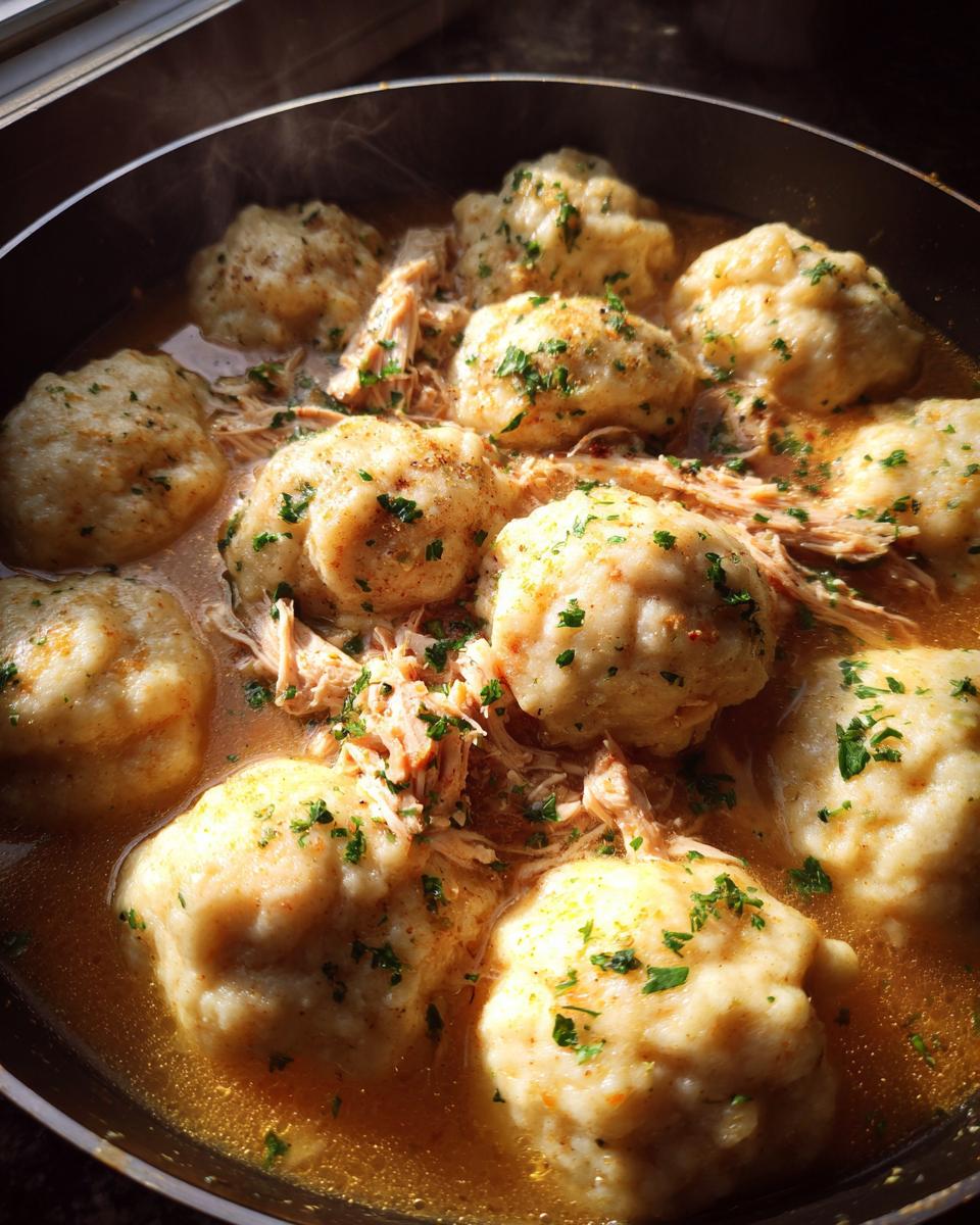 Close-up of fluffy dumplings and shredded chicken in savory broth, a perfect chicken and dumpling dish.