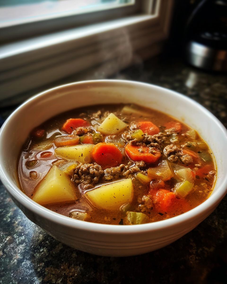 Close-up of a steaming white bowl filled with hearty hamburger soup, featuring ground beef, carrots, and potatoes.