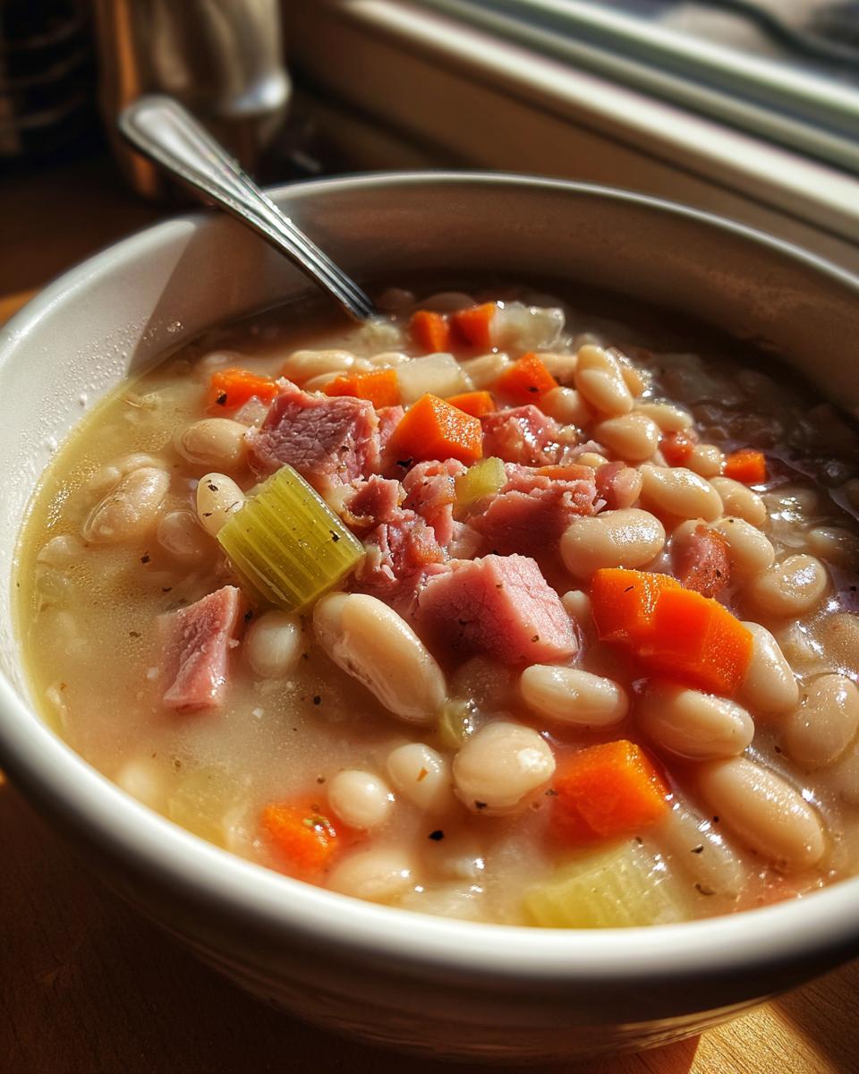 Close-up of a steaming bowl of navy bean soup featuring white beans, diced ham, carrots, and celery.