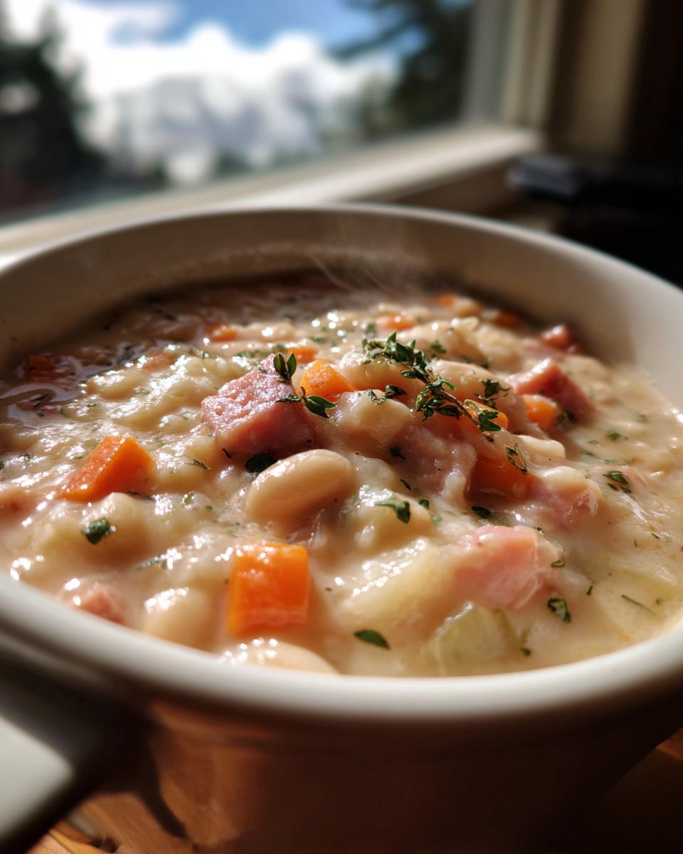 Close-up of a steaming bowl of creamy navy bean soup featuring white beans, diced ham, carrots, and fresh thyme garnish.