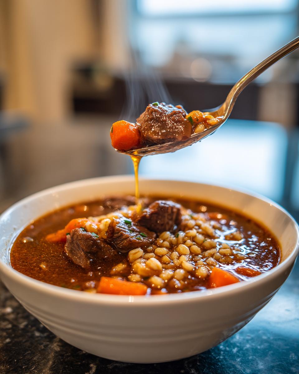 A spoonful lifts steaming beef, carrots, and barley from a bowl of rich beef barley soup.
