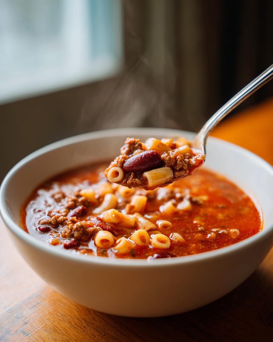 A spoonful of hot pasta fagioli soup, showing ground meat, ditalini pasta, and a kidney bean, lifted from a white bowl.