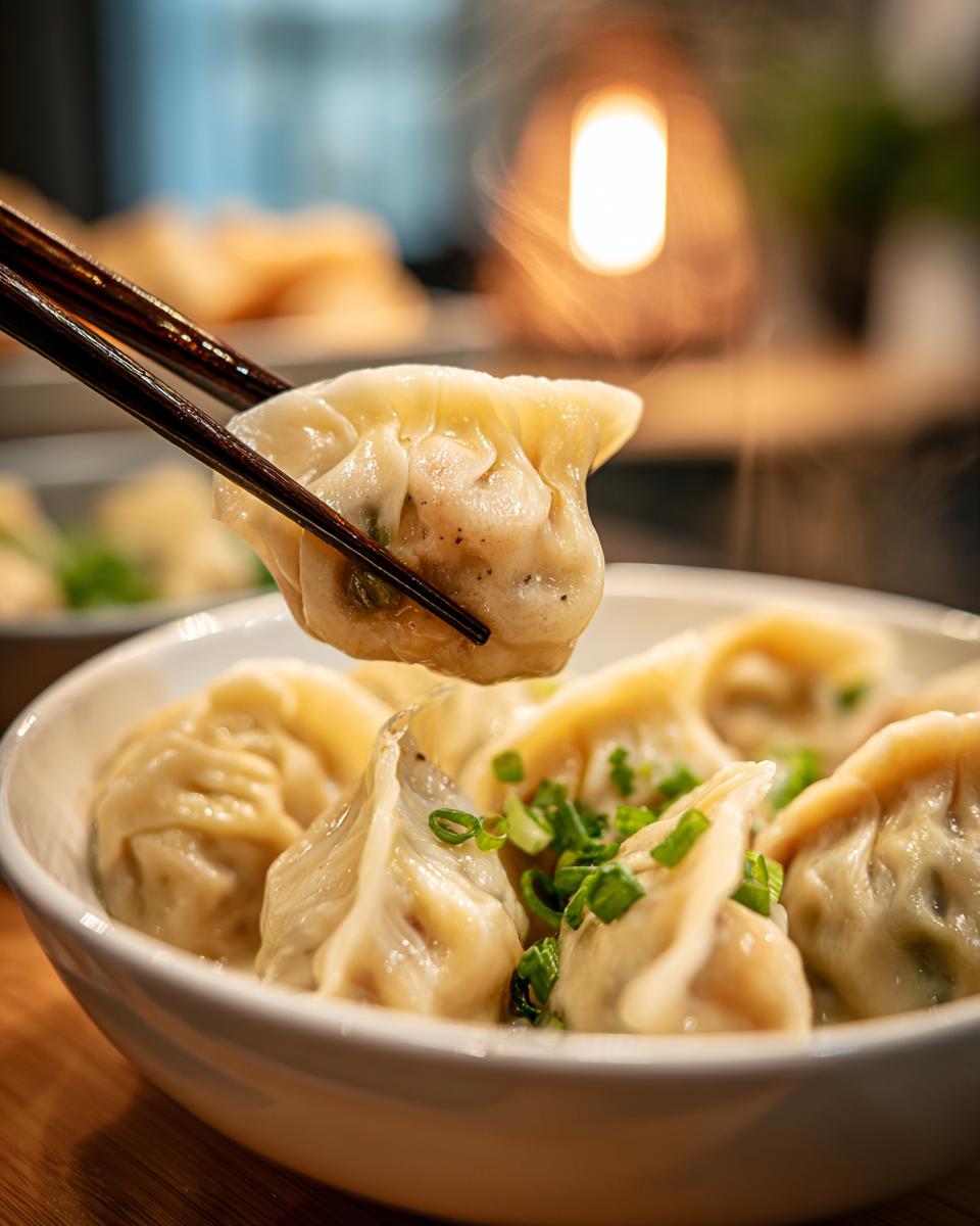 A close-up of a steaming Traditional Chinese Dumplings being lifted from a bowl with dark chopsticks.