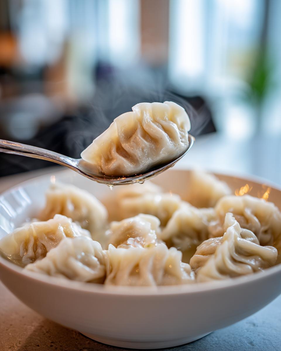 A spoonful of hot, steaming Traditional Chinese Dumplings being lifted from a white bowl full of dumplings.