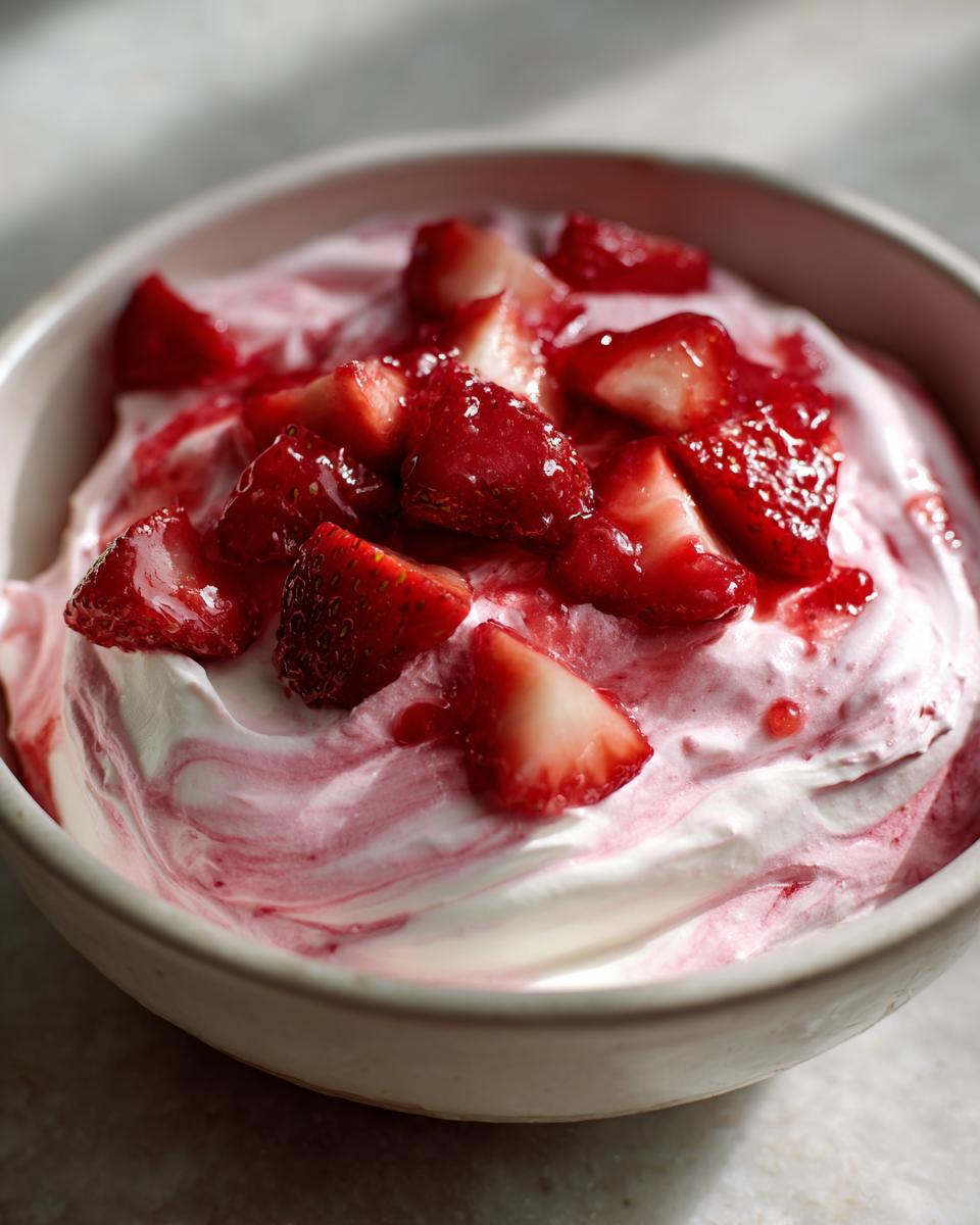 Close-up of creamy strawberry cheesecake dip swirled with pink sauce and topped with fresh, sliced strawberries.