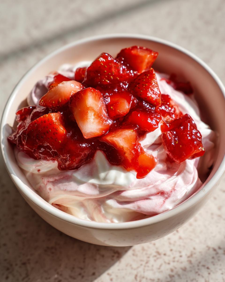 Close-up of a bowl filled with pink and white strawberry cheesecake dip, topped generously with macerated strawberries.