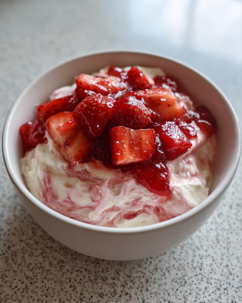 A white bowl filled with creamy strawberry cheesecake dip, swirled with strawberry sauce and topped with fresh, glistening sliced strawberries.