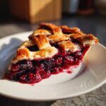 A close-up of a juicy slice of berry pie with a golden lattice crust, glistening with filling.