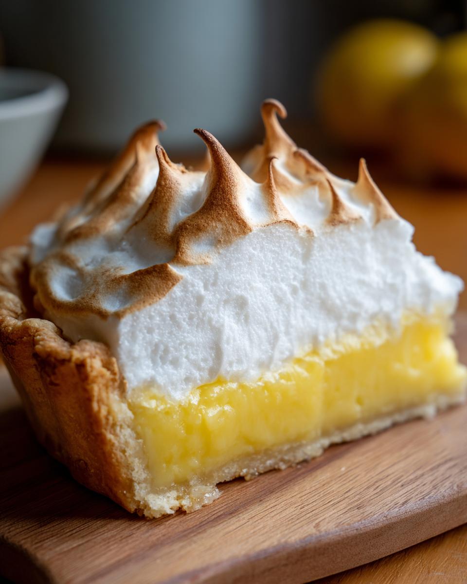 Close-up of a perfect slice of lemon meringue pie showing bright yellow filling and tall, toasted meringue peaks.