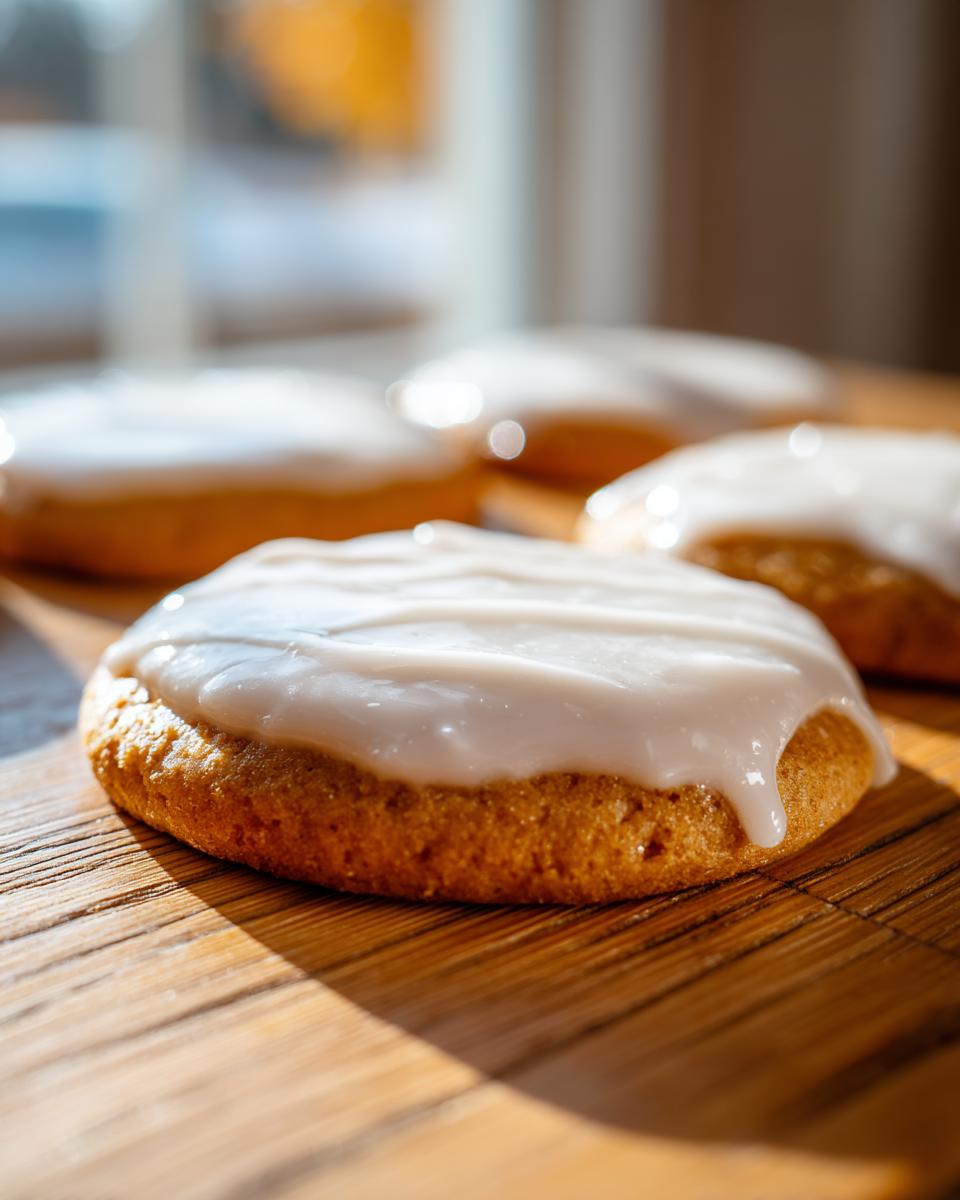Close-up of a soft sugar cookie topped with thick, glossy white sugar cookie icing, sitting on a wooden surface.