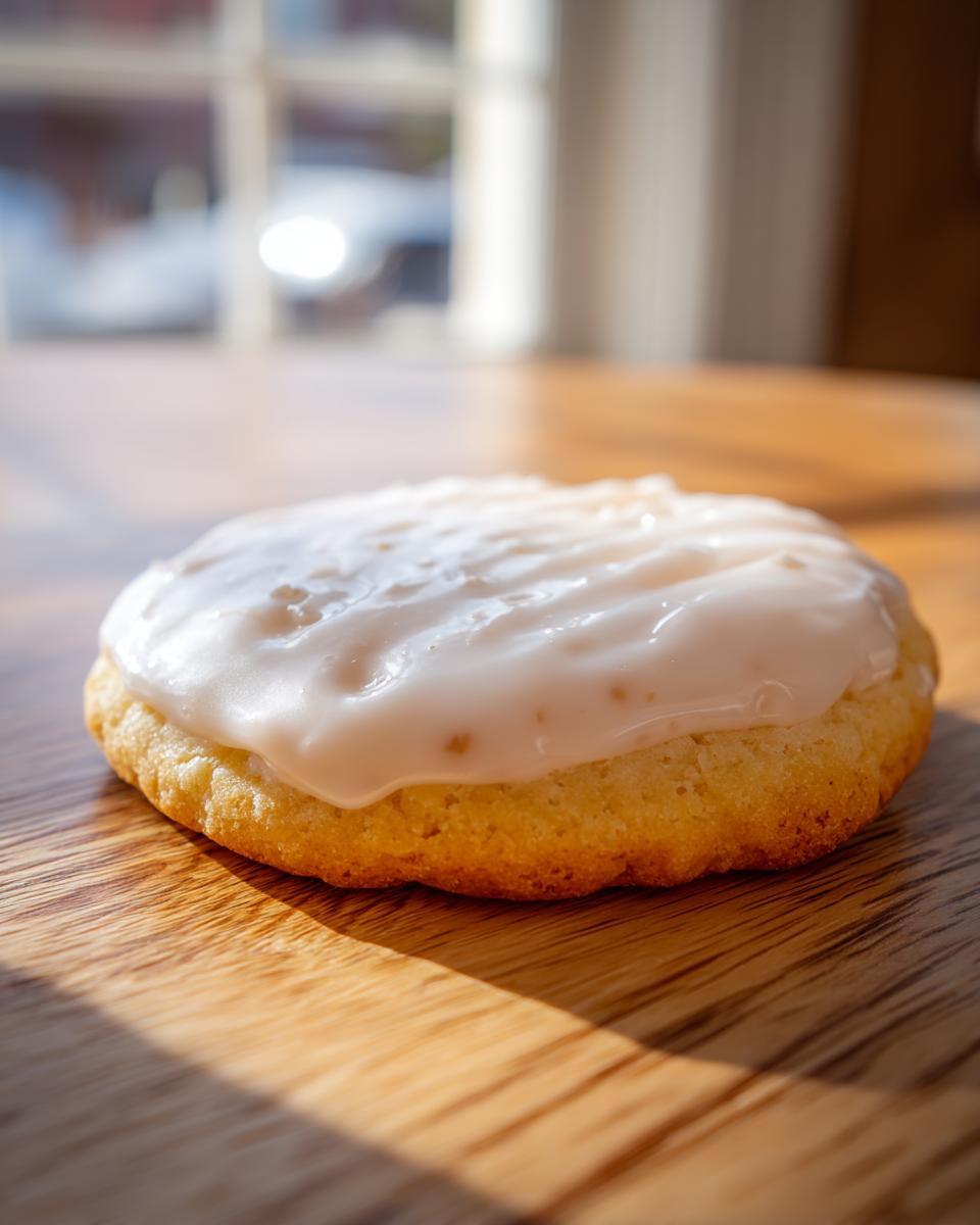 A close-up of a soft sugar cookie topped with thick, glossy sugar cookie icing, sitting on a wooden table in sunlight.
