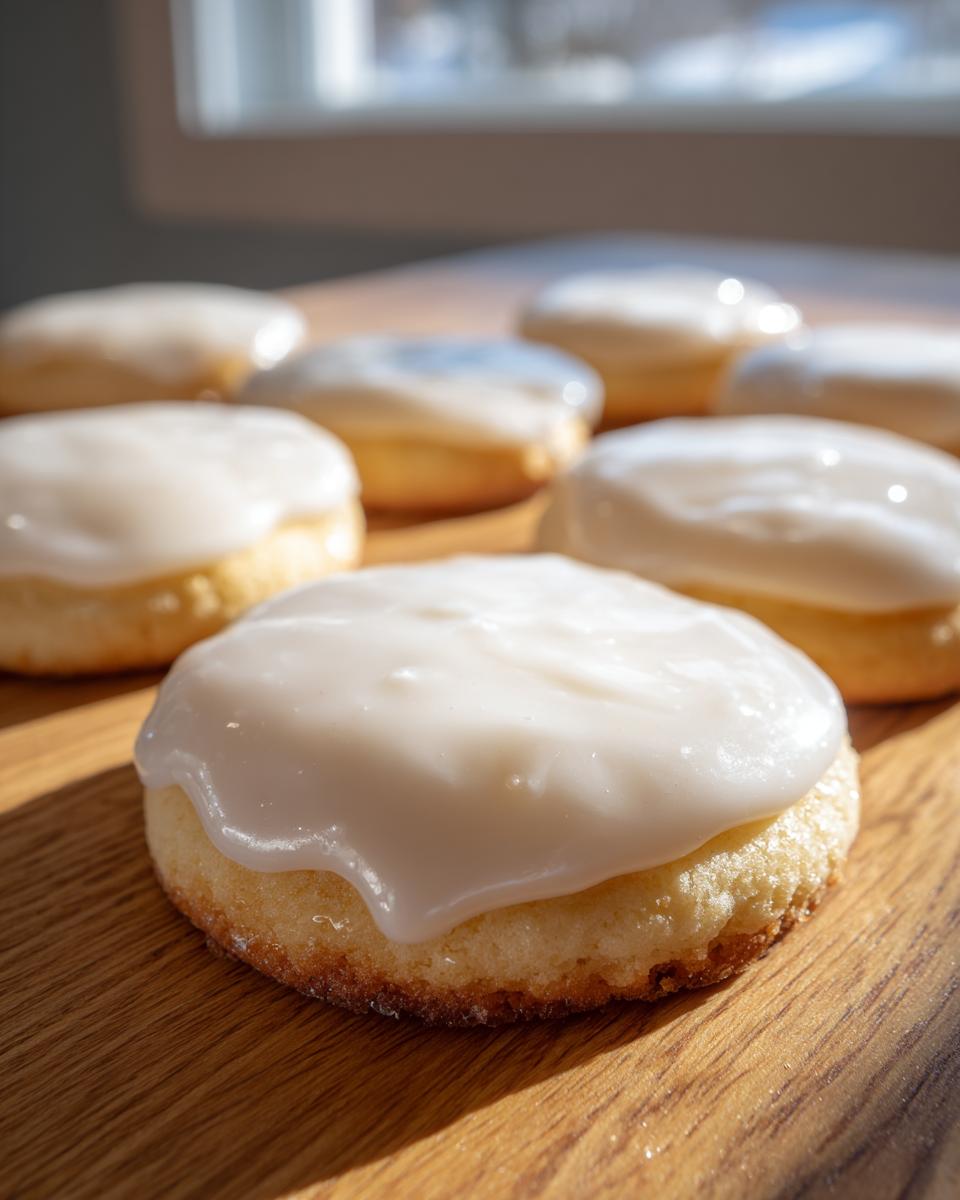 A close-up of a round sugar cookie topped with thick, glossy white sugar cookie icing, sitting on a wooden surface.
