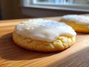 Close-up of a soft sugar cookie topped with thick white sugar cookie icing and coarse sprinkles.
