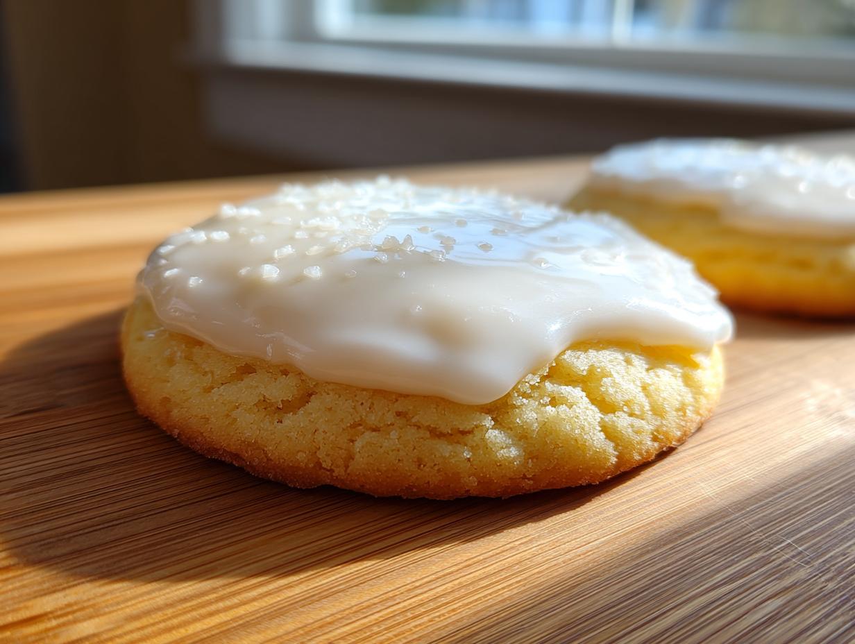 Close-up of a soft sugar cookie topped with thick white sugar cookie icing and coarse sprinkles.