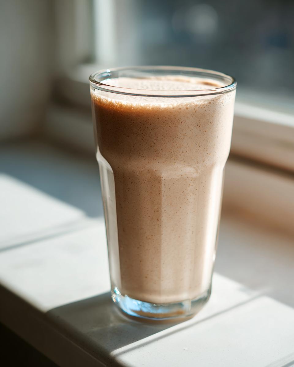 A tall glass filled with a creamy, light brown banana smoothie sitting on a bright windowsill.