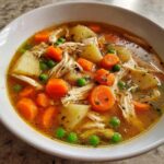 Close-up of a steaming bowl of chicken vegetable soup with shredded chicken, carrots, potatoes, and peas.