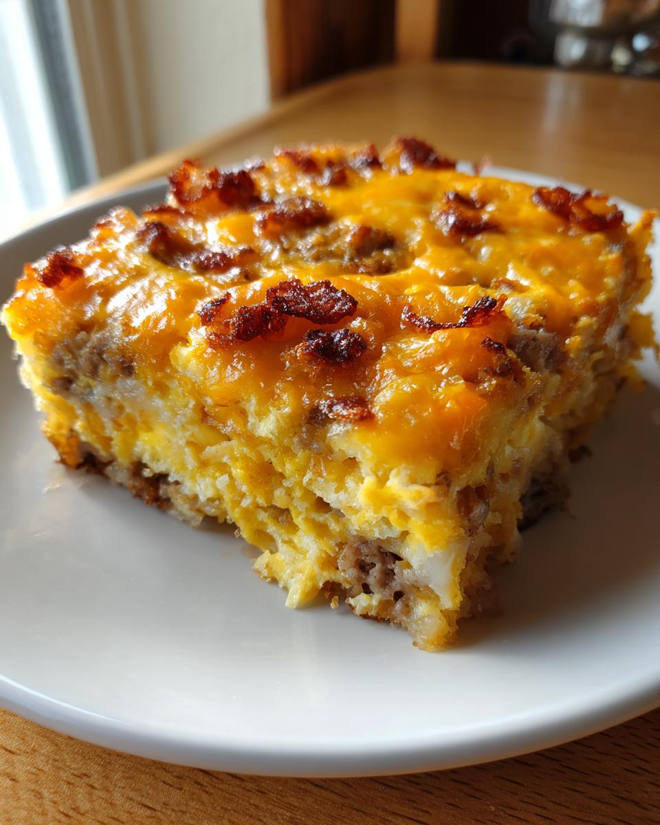 A close-up slice of tater tot breakfast casserole topped with melted cheddar cheese and bacon bits.