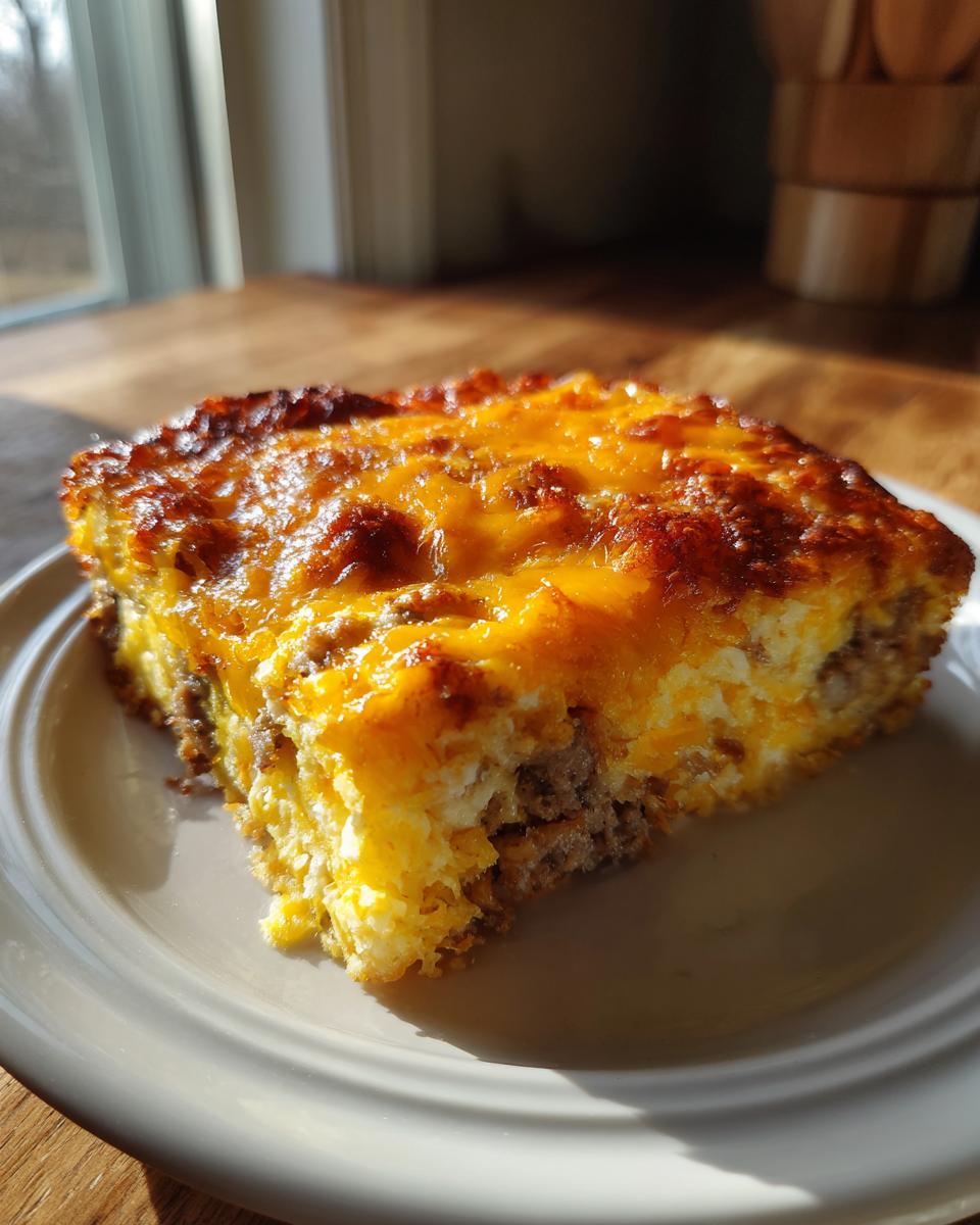 A close-up slice of tater tot breakfast casserole with melted cheddar cheese and sausage layers.