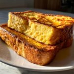 Close-up of two thick slices of golden brown french toast stacked on a white plate, drizzled with syrup.