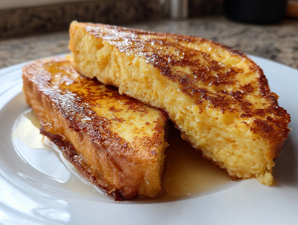 Two thick slices of golden brown french toast, drizzled with syrup, on a white plate.