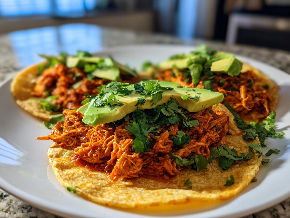 Three delicious chicken tinga tacos served on corn tortillas, topped with fresh avocado slices and cilantro.