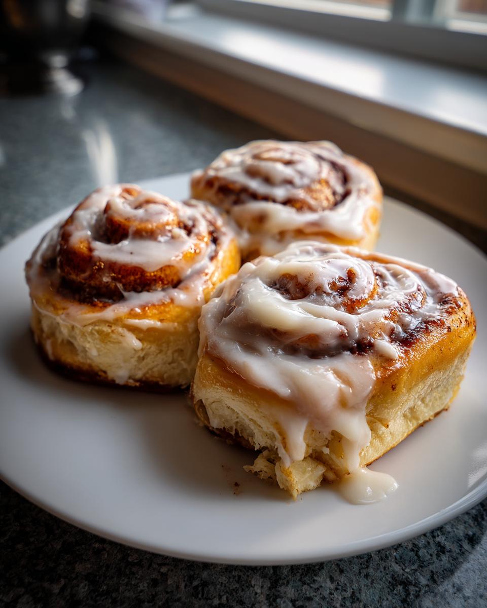Three freshly baked cinnamon buns, generously topped with white icing, sitting on a white plate.