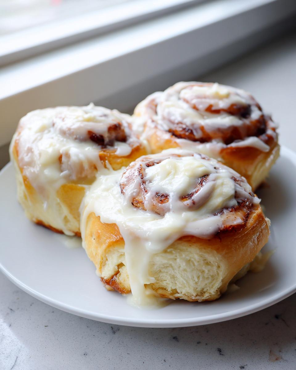 Three freshly baked, gooey cinnamon buns covered in thick white icing, sitting on a white plate.