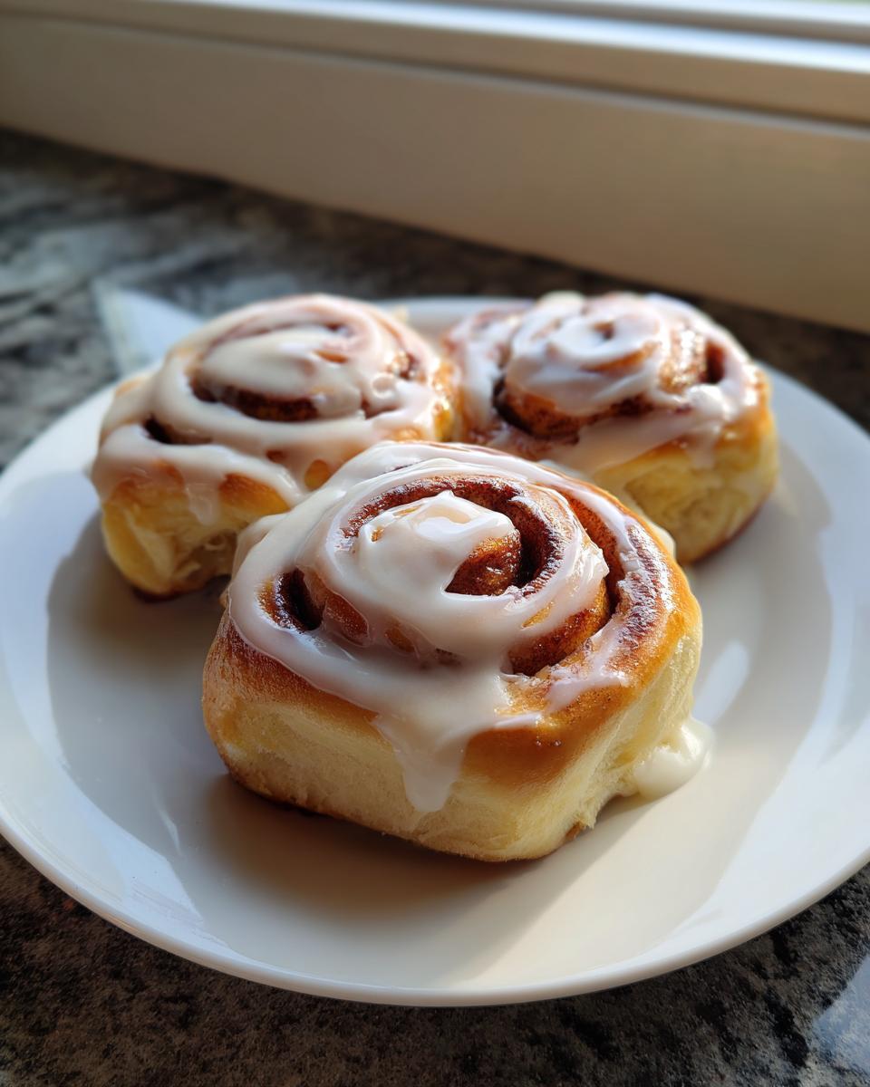 Three freshly baked, gooey cinnamon buns topped with thick white icing, served on a white plate.