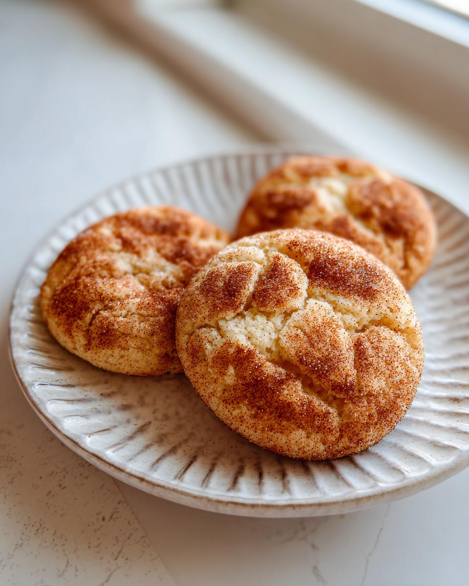 Three freshly baked Snickerdoodle cookies generously coated in cinnamon sugar, resting on a textured ceramic plate.
