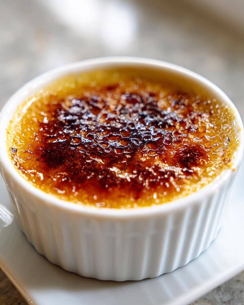 Close-up of a freshly torched Creme Brulee with a dark, glassy caramelized sugar top.