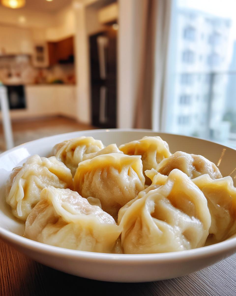 A close-up of freshly steamed Traditional Chinese Dumplings served in a white bowl indoors.