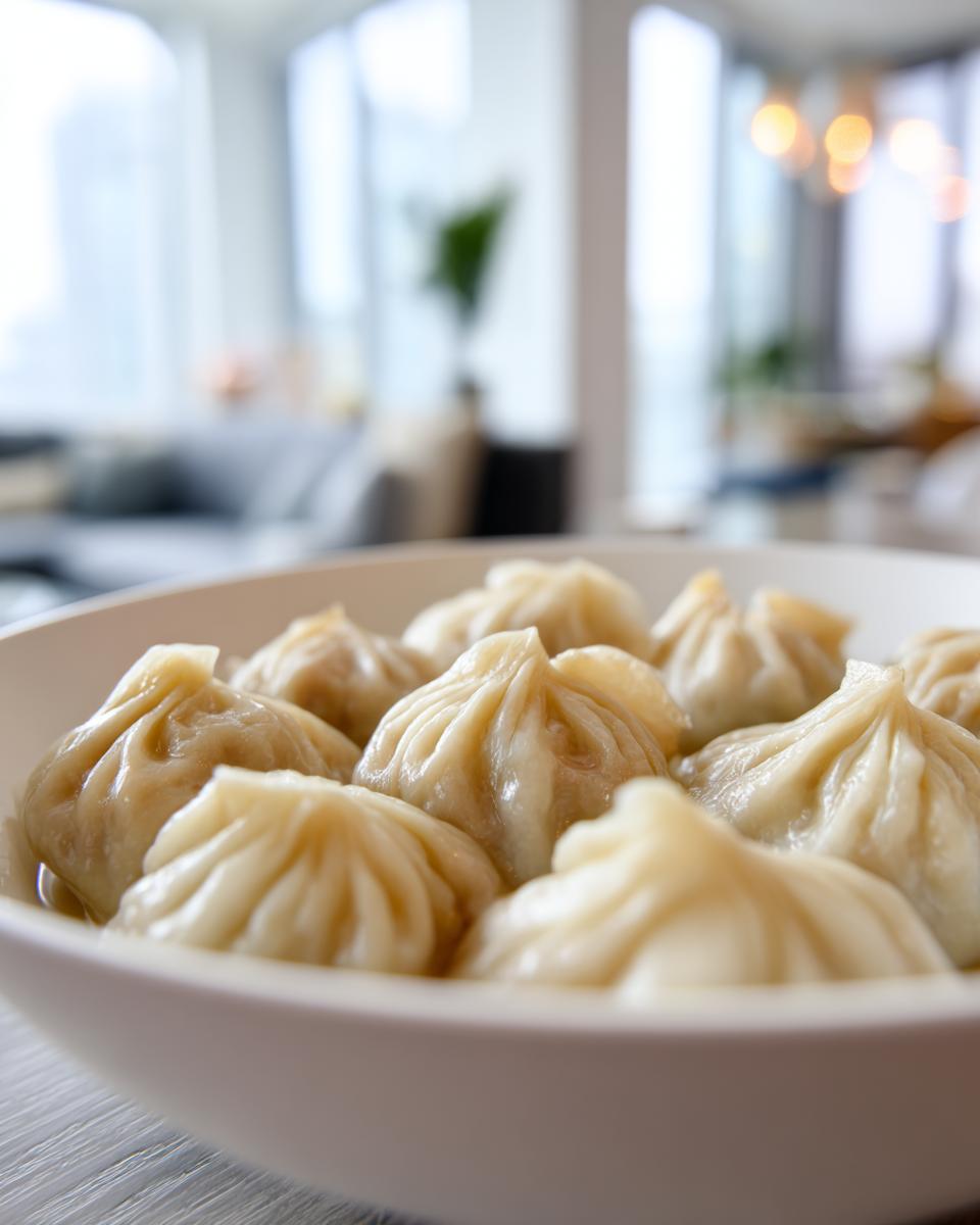 Close-up of freshly steamed Traditional Chinese Dumplings gathered in a white bowl.
