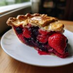 A close-up of a thick slice of triple berry pie showing juicy berries and a flaky golden crust.