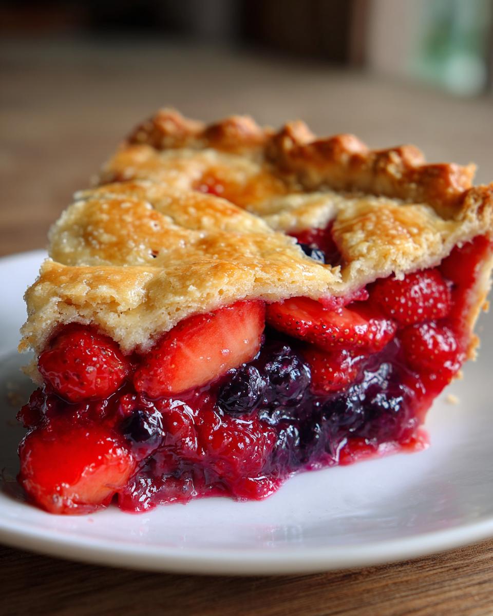 Close-up of a thick slice of triple berry pie showing juicy strawberries and blueberries filling and a flaky, golden crust.
