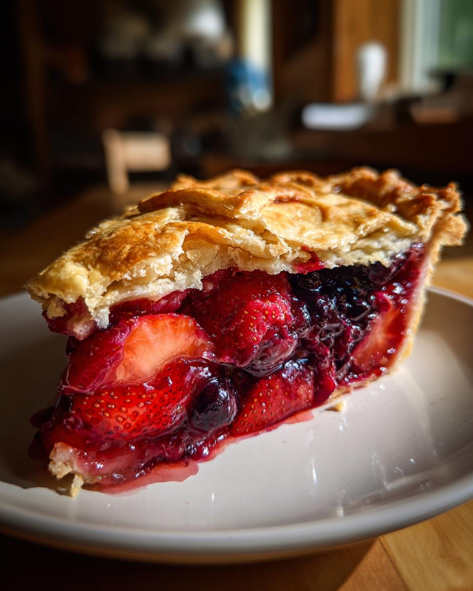 Close-up of a slice of triple berry pie showing juicy strawberries and dark berries under a flaky golden crust.