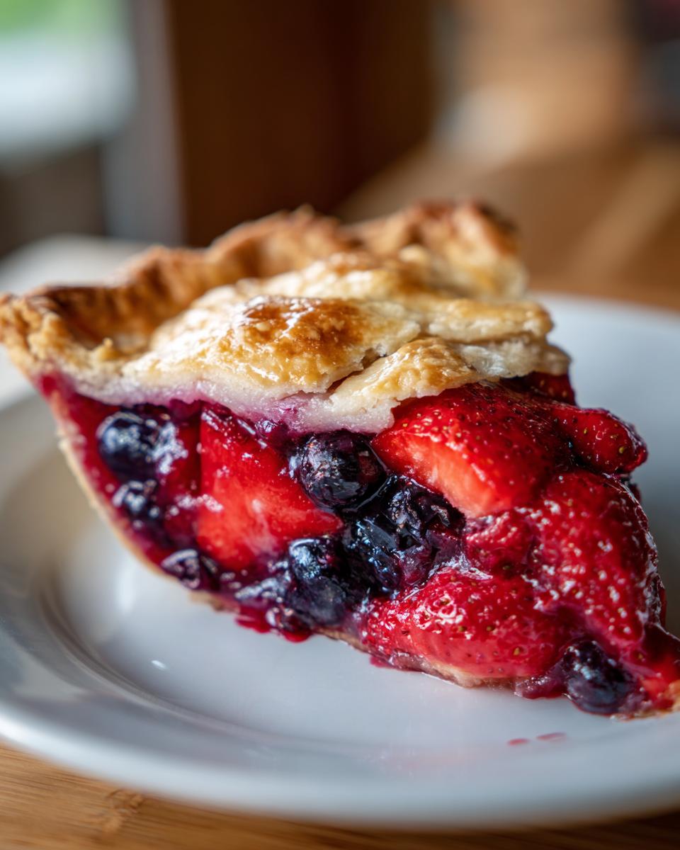 Close-up of a generous slice of triple berry pie showing a flaky crust and vibrant strawberry and blueberry filling.