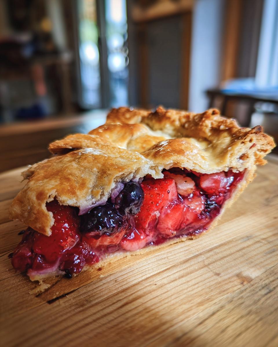 Close-up of a slice of triple berry pie showing juicy strawberries and blueberries under a flaky, golden-brown crust.