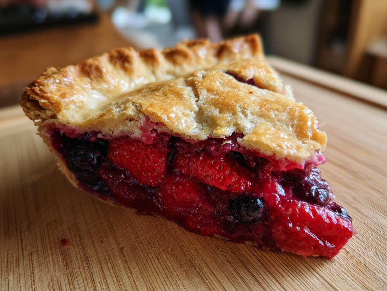 Close-up of a juicy slice of triple berry pie showing strawberries and blueberries in a rich filling under a golden, flaky crust.