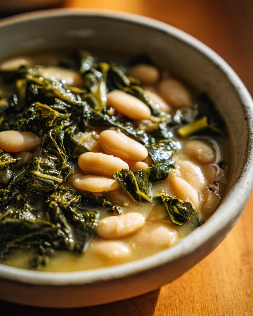 A close-up of a hearty bowl of tuscan white bean soup featuring creamy white beans and dark green wilted kale.