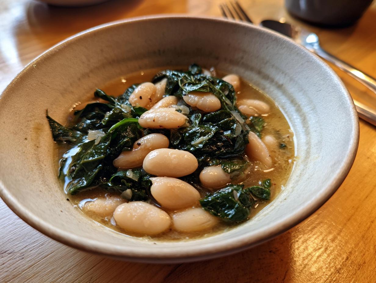 Close-up of a rustic bowl filled with Tuscan white bean soup featuring creamy cannellini beans and dark leafy greens in a savory broth.