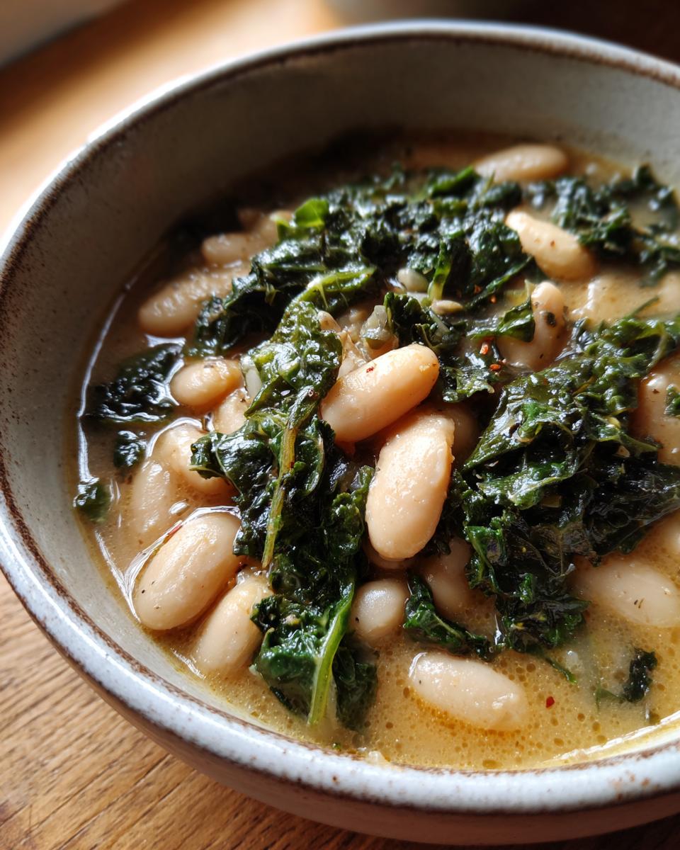 Close-up of a rustic bowl filled with creamy Tuscan white bean soup, featuring cannellini beans and wilted dark green kale.