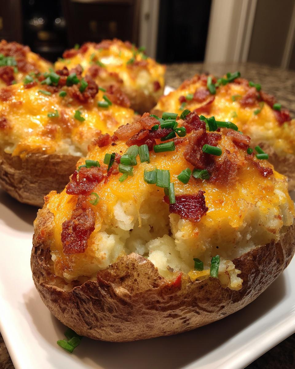 Close-up of perfectly stuffed twice baked potatoes topped with melted cheddar, bacon bits, and fresh chives.