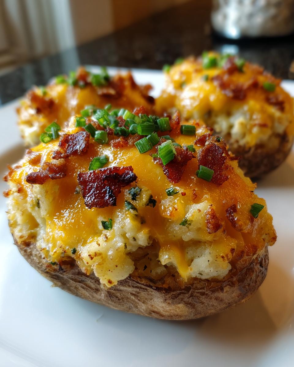 Close-up of three delicious twice baked potatoes topped with melted cheddar cheese, bacon bits, and fresh chives.