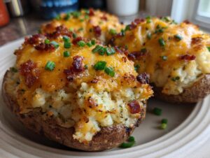 Three loaded twice baked potatoes topped with melted cheddar cheese, bacon bits, and fresh chives.