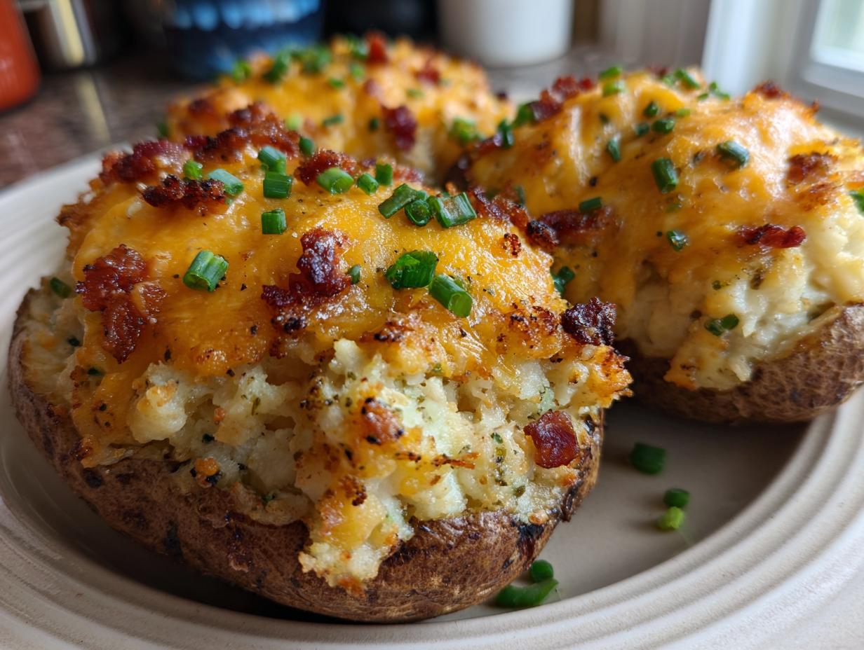 Three loaded twice baked potatoes topped with melted cheddar cheese, bacon bits, and fresh chives.
