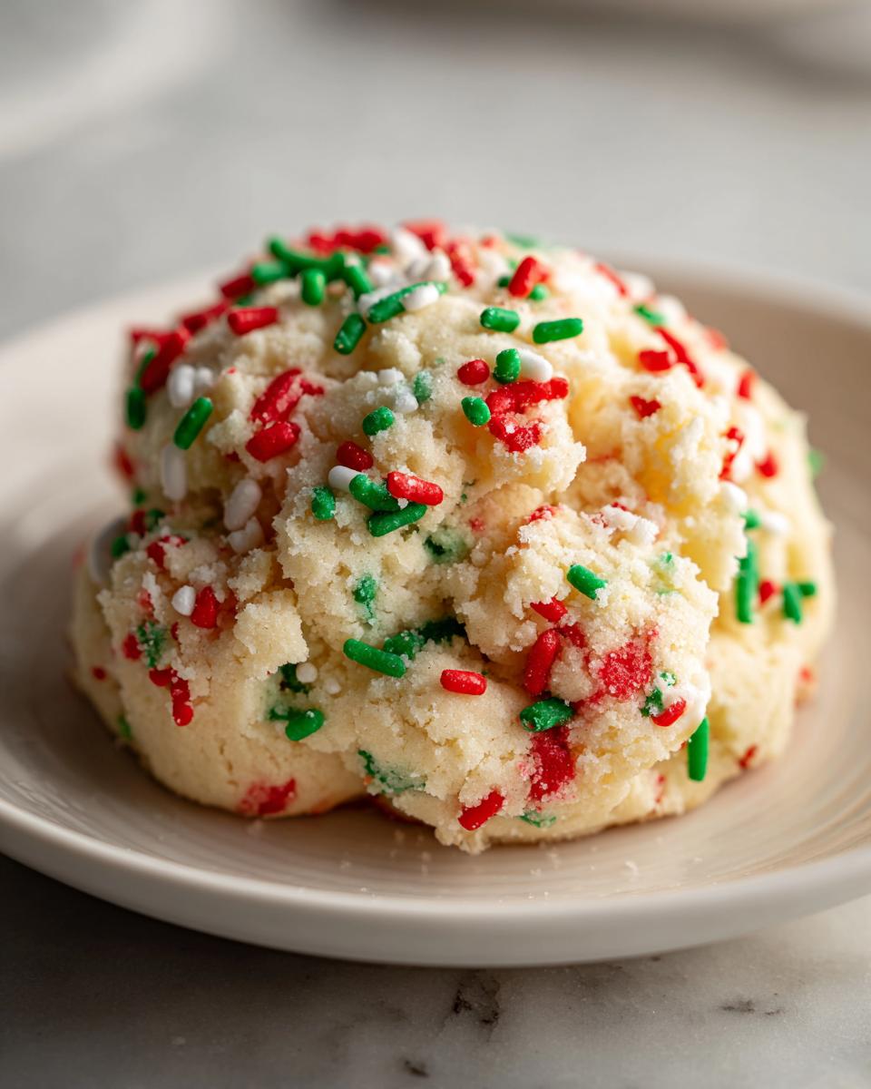Close-up of a scoop of unbaked christmas sprinkle sugar cookies dough topped with red, green, and white sprinkles.
