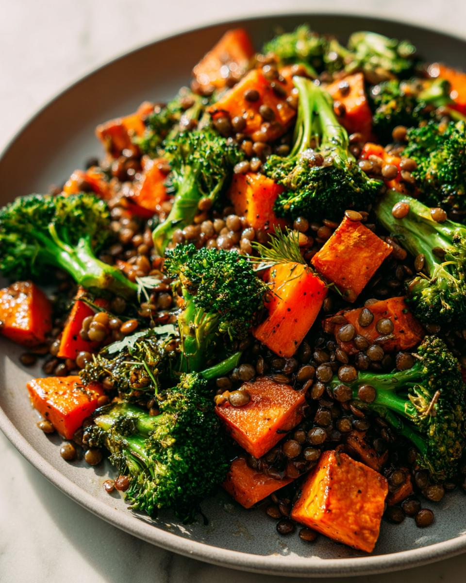 A close-up view of a hearty veggie lentil salad featuring brown lentils, bright green broccoli florets, and roasted orange sweet potato cubes.